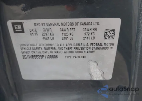 2015 Chevrolet Impala Limited Lt из США, поврежденный, VIN 2G1WB5E39F1138808